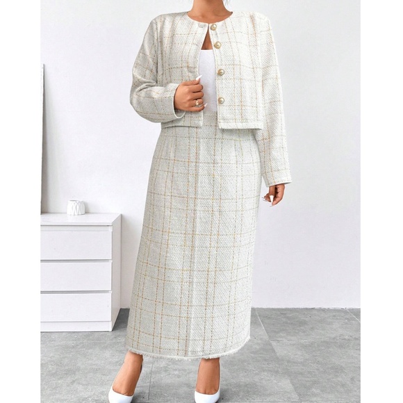 Dresses & Skirts - Plus Classic Plaid Print Tweed Blazer Maxi Skirt Set
